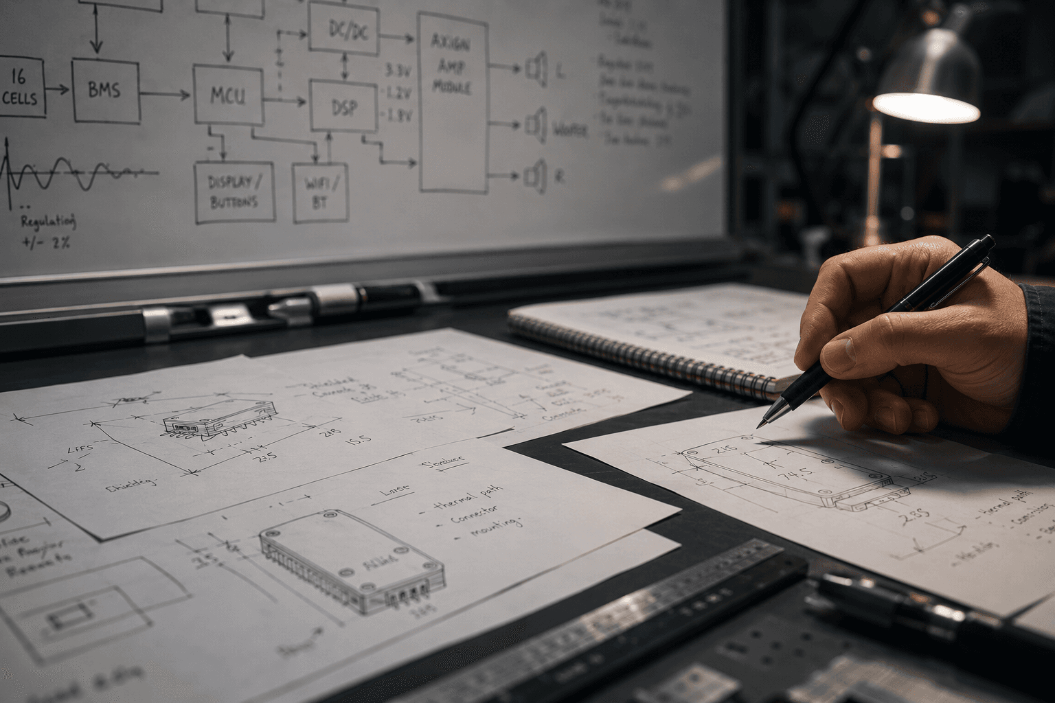 Audio engineering sketches on a desk